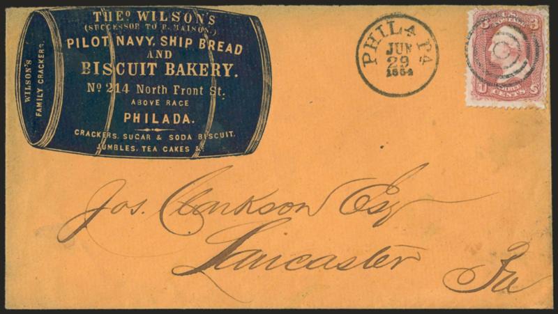 3c Rose (65).> Rich color, tied by target, small Phila. Pa. Jun. 29, 1864 circular datestamp on orange cover to Lancaster Pa. with <family bakerys blue cameo corner card with illustration of barrel, some slight
toning also affects stamp, Very Fine