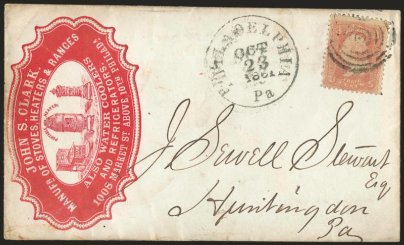 3c Rose (65).> Tied by large target, Philadelphia Pa. Oct. 23, 1861 circular datestamp on cover to Huntingdon Pa. with <stove manufacturers red cameo corner card with illustration of three stoves or heaters,>
some edge toning, Very Fine