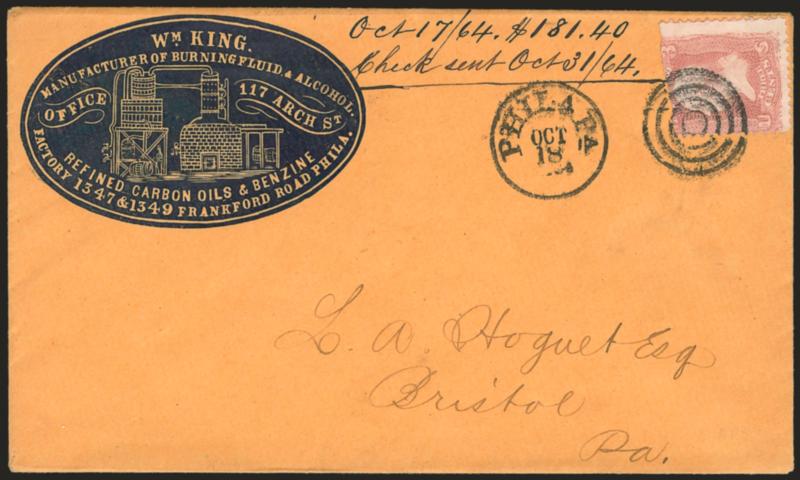 3c Rose (65).> Torn at top prior to use, tied by target, Phila. Pa. Oct. 18 circular datestamp on orange cover to Bristol Pa. with <liquid fuel manufacturers blue cameo corner card with illustration of
distiller,> 1864 docketing, Fine