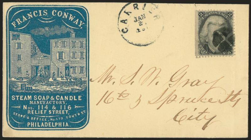 2c Black (73).> S.e. at left, tied by small quartered cork, Carrier Jan. 2 circular datestamp on cover to local Philadelphia address with <steam soap and candle manufactorys blue cameo corner card with
illustration of building,> Very Fine, scarce
