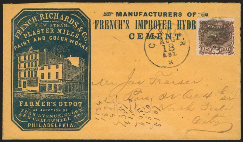 2c Brown (113).> Rich color, cancelled by cork, Carrier Aug. 18 circular datestamp on orange cover to local Philadelphia address with <paint and farmer depots blue cameo corner card with illustration of
building and billboard advertisement on back