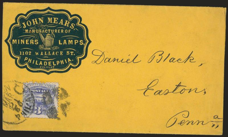 3c Ultramarine (114).> Tied by quartered cork and Philadelphia duplex datestamp on orange cover to Easton Pa. with <miner lamp manufacturers blue cameo corner card with illustration of lamp,> barely reduced at
sides, Very Fine