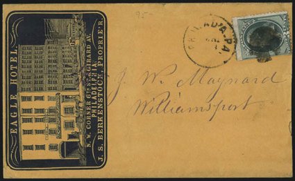 3c Green (147, 158).> Two on separate <illustrated cameo corner card> covers, one for hotel and one for dress trimmings, Fine-Very Fine