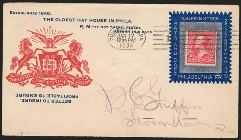2c Red, Ty. IV (279B).> S.e. at right, tied by Philadelphia Pa. Jan. 17, 1899 machine cancel on cover to Stormstown Pa. with <N. Berkenstock hat and cap dealers stamp collar with design at left,> additional
advertisement on back, receiving backsta