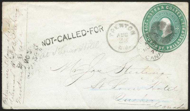 2c Green on White entire, Bates & Coates Advertising Collar (U159 var).> Collar in Green, cancelled by cork, Trenton NJ. Aug. 23 circular datestamp and used <to Quebec, Canada,> 1879 transit datestamp, also
with <Not Called For handstamp, five ba