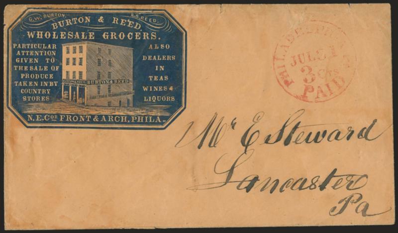 Wholesale Grocers.> Blue cameo corner card with illustration of building on cover to Lancaster Pa., red Philadelphia Pa. 3cts. Paid Jul. 31 circular datestamp, some slight edgewear, Very Fine
