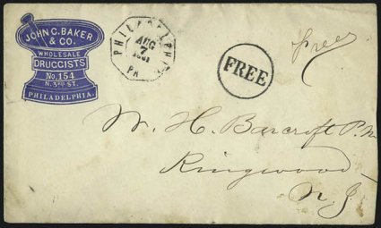 Druggist Corner Card Covers.> Two, both from same druggist (John C. Baker & Co. in Philadelphia), one with design in red, other in blue, few flaws, appear Fine-Very Fine