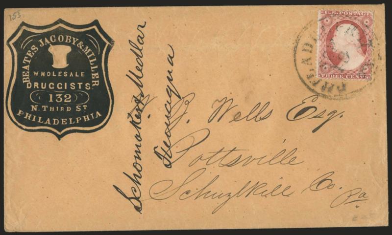 Illustrated Cameo Corner Card Covers.> 34, incl. 13 with designs on back, range of themes incl. several druggists, hotels, few locks, also safe, millwright, several others, mostly bearing 3c 1851 or 1857 Issue
but few others incl. No. 113, some flaws