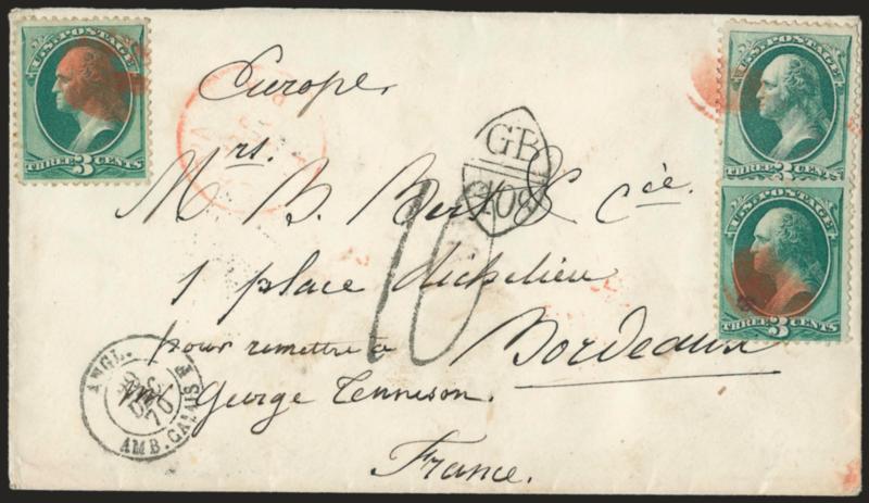 3c Green, H. Grill (136, 147).> Three singles, top right stamp with obvious grill, bright color, cancelled or tied by <red corks,> matching Phila. Pa. Dec. 15 circular datestamp on cover <to Bordeaux, France,>
neat GB40c Anglo-French accountancy