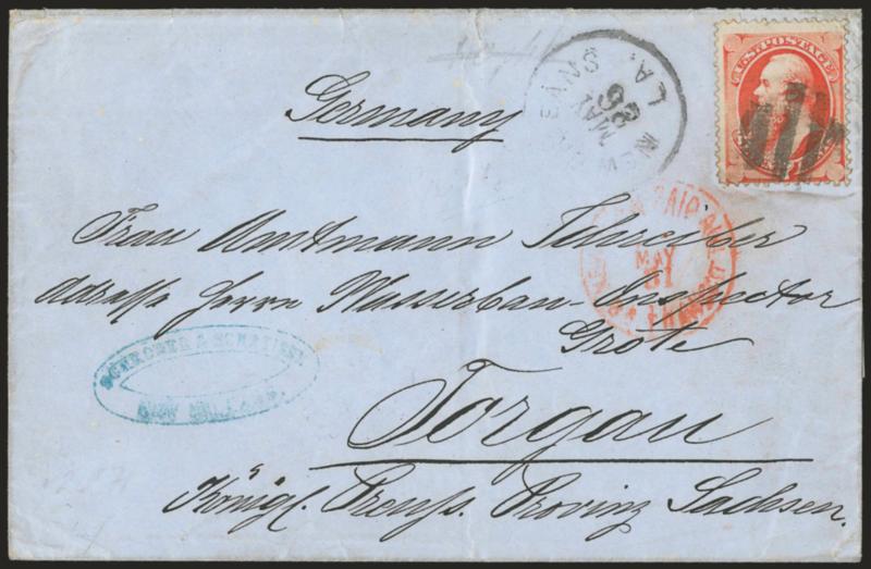 7c Vermilion, Grill (138).> H. Grill, clearly-defined grill, tied by large grid, New Orleans La. May 26 circular datestamp on blue folded cover <to Torgau, Germany,> red New York Paid All Br. Transit May 31
transit datestamp, receiving backstamp,