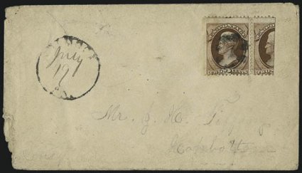 2c Red Brown, Vertical Half Used as 1c (146b).> Two covers, each used in combination with complete stamp for 3c rate, each with Dimock Pa. circular datestamps and ms. dates and each cancelled by corks, with
original enclosures, some faults incl. one