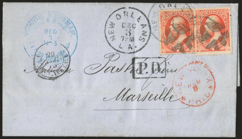 7c Vermilion (149).> Two, rich color, tied by crossroads, New Orleans La. Dec. 3 circular datestamps on 1875 blue folded letter <to Marseilles, France,> red New York Paid Dec. 8 transit datestamp, various
French transits incl. boxed P.D. handst