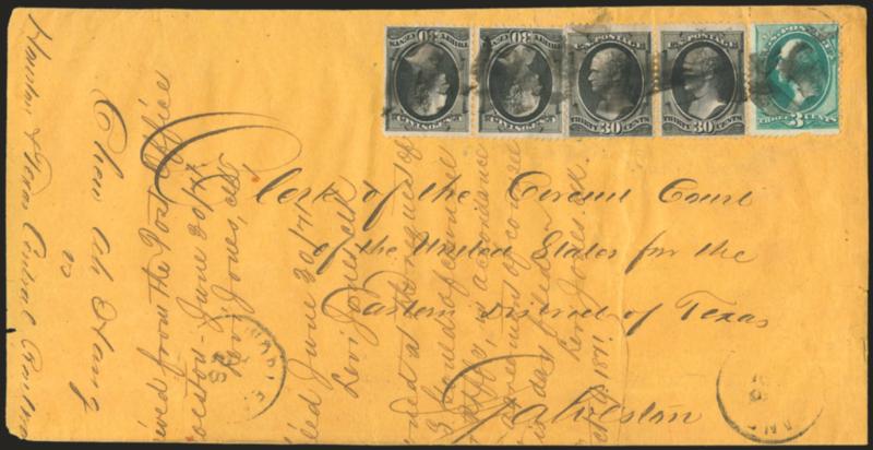 30c Black (154).> Two horizontal pairs, used with 3c Green (147) and tied by corks, light strike of New Orleans La. Jun. 28 circular datestamps on large part of cover to Galveston Tex., Very Fine, unusual
high-denomination franking
