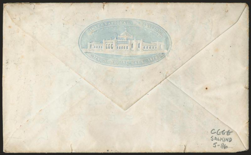 3c Green (158).> Tied by New York Apr. 23 duplex cancel on cover to Middlebury Vt. with nternational Exhibition, Memorial Hall light blue cameo on top flap with illustration of building,> with original
enclosure with same design and dated 1877, c