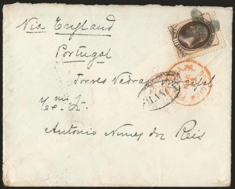 10c Brown, With Secret Mark (188).> Tied by cork X and by red Philada. Pa. Paid All Mar. 18 circular datestamp on cover <to Portugal,> oval Franca handstamp, back of cover with <blue Lexposicao Internacional de
Philadelphia, Commissao de Portu