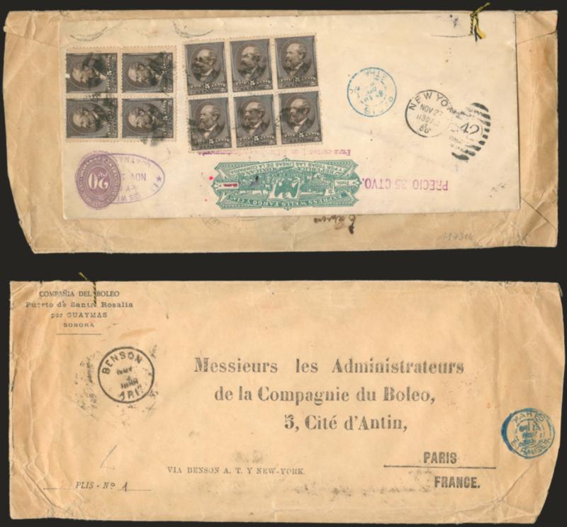 5c Yellow Brown (205). Blocks of four and six, rich color, cork cancels, on legal-size 20c Mexico entire with <Wells, Fargo & Co. Express< printed frank, purple Express Wells, Fargo Guaymas, Mexico Nov. 20,
1888 oval datestamp, New York transit dup