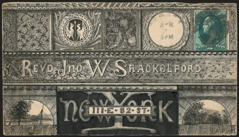 3c Blue Green (207).> Perfs scissors-separated, tied by quartered cork, light strike of Newark N.J. Apr. 21 circular datestamp on <hand-drawn all-over illustrated> cover to New York City, receiving backstamp,
Very Fine, a beautiful hand-drawn cover
