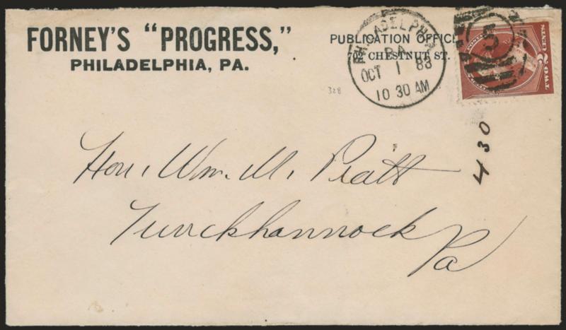 2c Red Brown (210).> Tied by <Philadelphia Pa. Oct. 1, 1883, 10:30 a.m.> circular datestamp on <Forneys Progress corner card> cover to Tunckhannock Pa., s.e. at right and with trivial soiling at bottom right,
otherwise Very Fine <First Day> cove