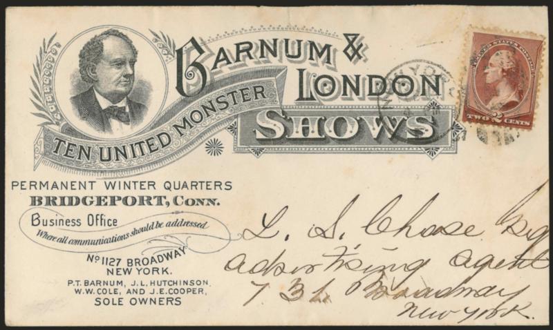 2c Red Brown (210).> Tied by New York grid duplex circular datestamp on 1887 cover addressed locally with <fabulous P.T. Barnum illustrated cover> with portrait of Barnum, Barnum & London Ten United Monster
Shows ad, etc., trifle reduced at right a