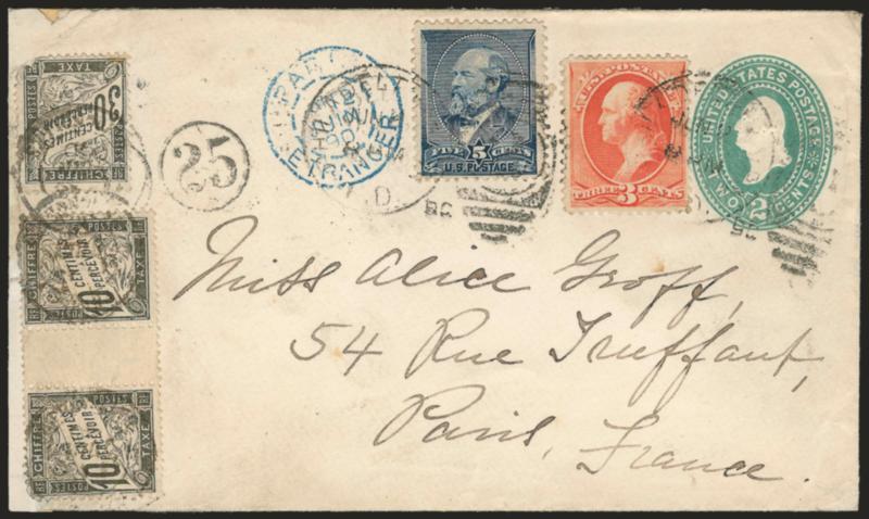 3c Vermilion (214).> Used with <5c Indigo (216)> on 2c Green entire <to France,> stamps tied by Philadelphia 1890 grid duplex circular datestamps, blue French transit, insufficiently paid and charged 50c
Postage Due on arrival paid by France <10c Bla