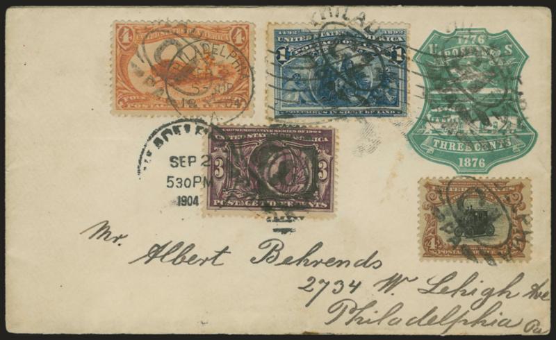 4c Trans-Mississippi (287).> Used with 1c Columbian, 4c Pan-American and 3c Louisiana Purchase, tied by Philadelphia ovals on 3c Green Centennial entire to local addressee, Sep. 2, 1904 duplex also tied 3c
stamp, few toned perfs, Very Fine, a colorfu