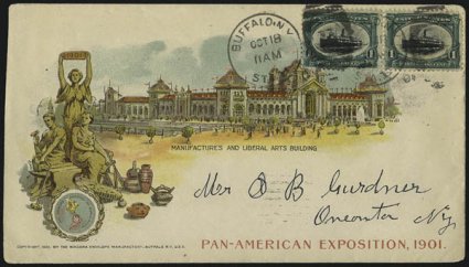 1c, 4c Pan-American (294, 296).> Two illustrated exposition covers, one with horizontal pair of 1c tied by Buffalo N.Y. Oct. 18, 1901 duplexes to Oneonta N.Y., second with 4c tied by Buffalo N.Y. Jun. 22,
1901 waving flag cancel to Rock Falls Ill