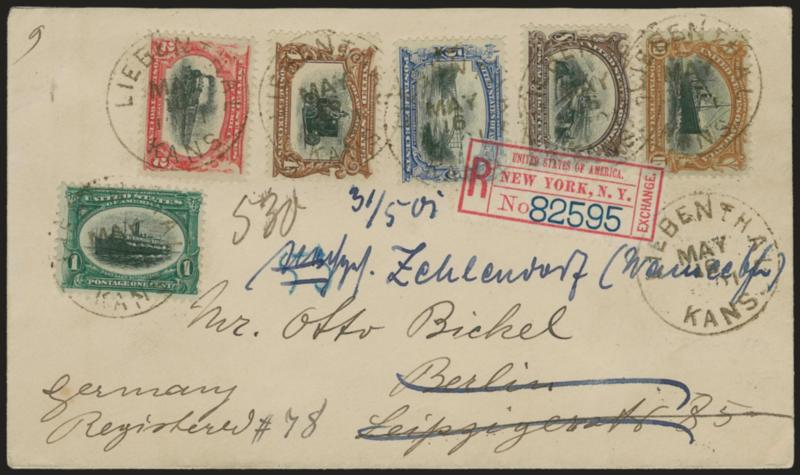 1c-10c Pan-American (294-299).> Complete set tied by Liebenthal Kans. May 16, 1901 circular datestamp on <registered cover to Berlin, Germany,> redirected to Zehlendorf, New York label, transit and receiving
backstamps, Very Fine and choice set on
