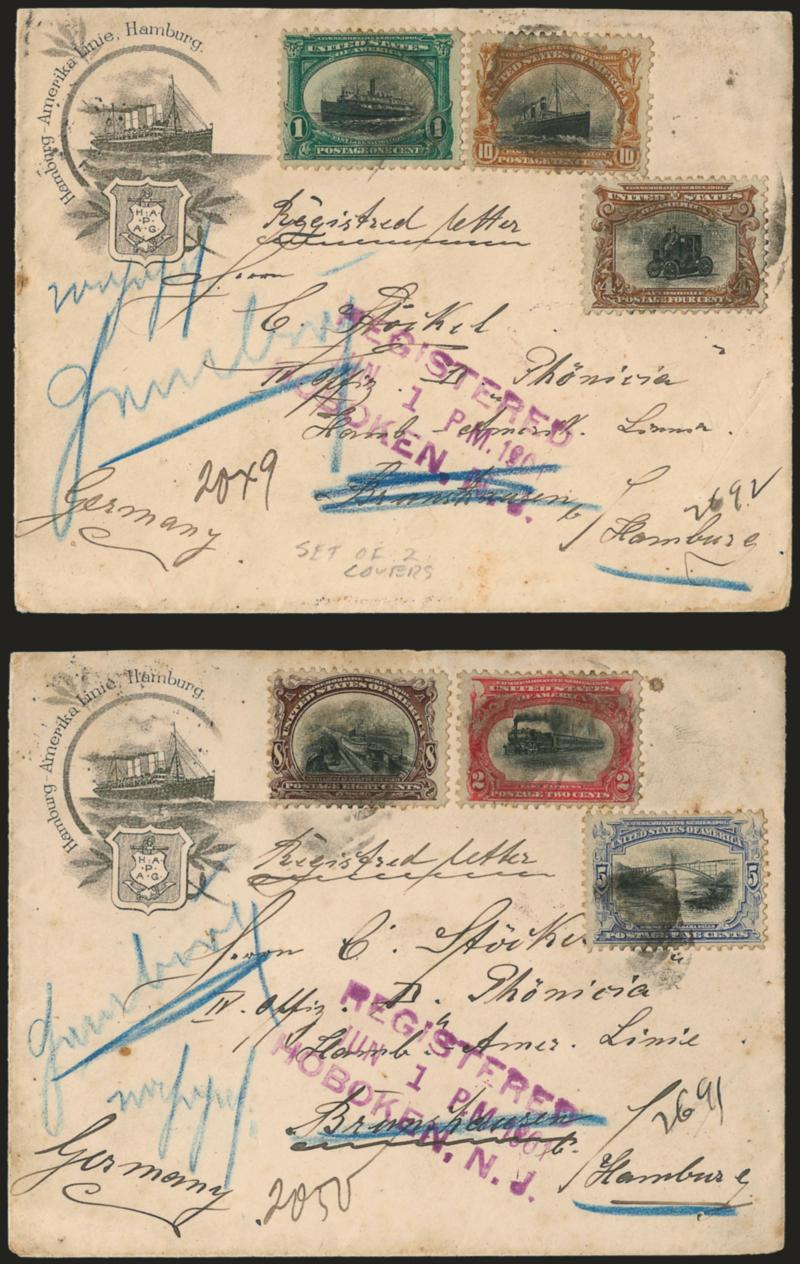 1c-10c Pan-American (294-299).> Two registered covers with illustrated Hamburg-America Line corner cards <to Hamburg, Germany,> one with 1c, 4c and 10c, other with 2c, 5c and 8c, each with purple Registered
Jun. 1 P.M. 1901 Hoboken, N.J. three-line