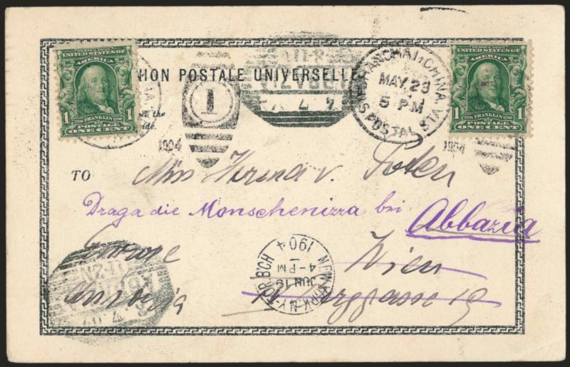1c Blue Green (300).> Two, tied by <U.S. Postal Sta., Shanghai, China, May 23, 1904> duplex cancels on postcard <to Vienna, Austria and forwarded,> Seattle and New York transits, fresh and Very Fine