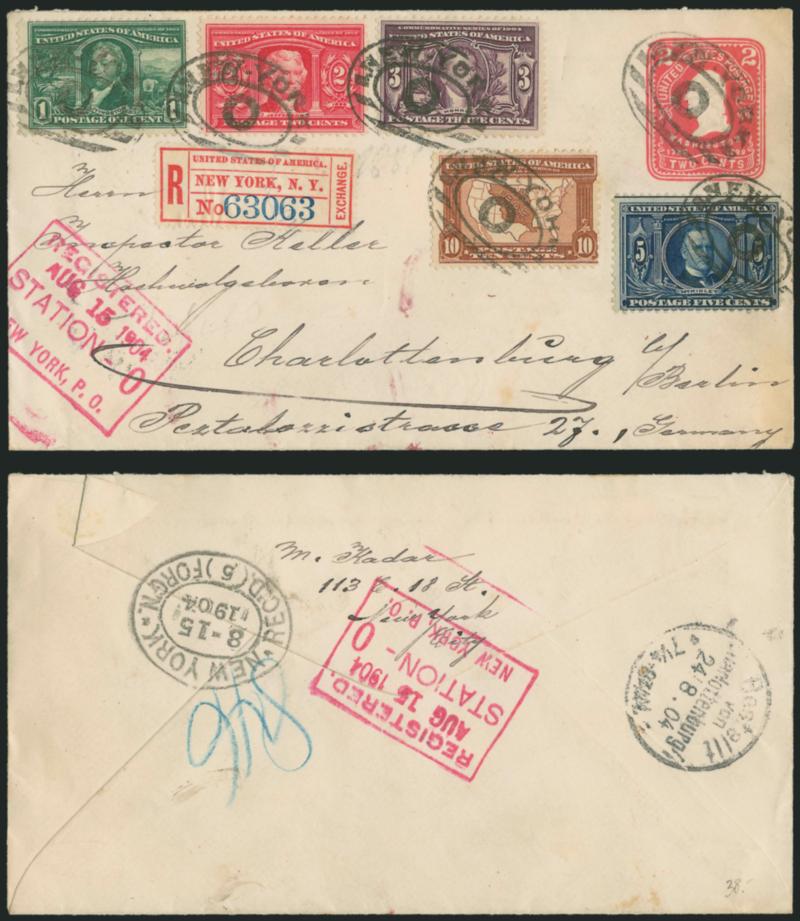 1c-10c Louisiana Purchase (323-327).> Complete set tied by New York ovals on 2c entire <registered to Berlin, Germany,> red Aug. 15, 1904 registry datestamp and label, transit and receiving backstamps, Very
Fine, ex Martin