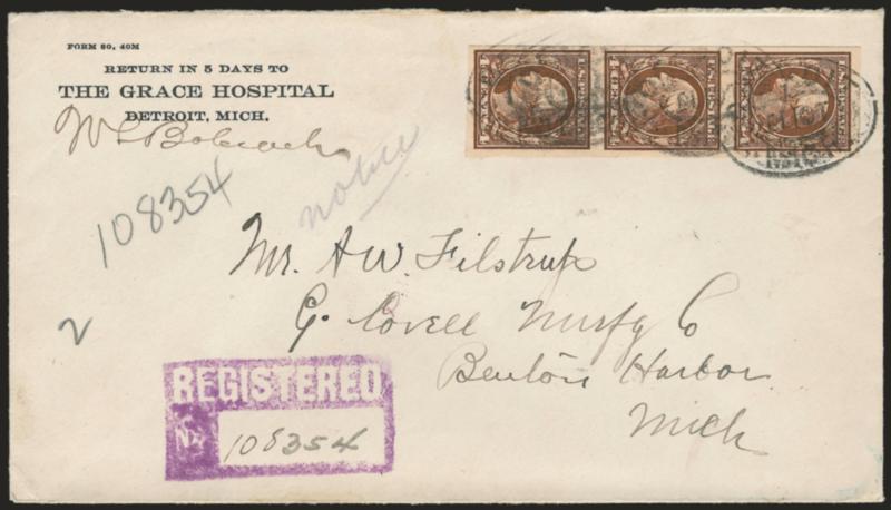 4c Orange Brown, Imperforate Coil (346V).> Strip of three on 1916 Registered Cover to the Covel Manufacturing Co. tied by Detroit Mich. double ovals, Fine-Very Fine, <not listed on cover,> Carl Mainberger note
on back states that Babcock (the sender)