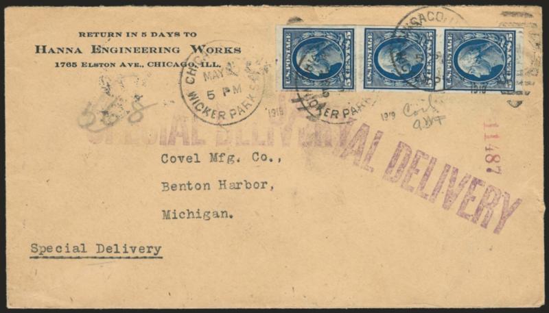 5c Blue, Imperforate Coil (347V).> Paste-up strip of three, tied by Chicago Ill. Wicker Park Sta. 1919 grid duplex circular datestamps on Special Delivery cover to Covel Manufacturing Co. in Benton Harbor,
Mich., Fine-Very Fine, listed but unpriced o