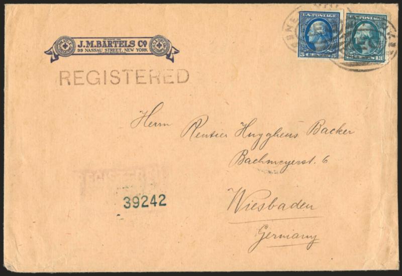 5c Blue, Imperforate Coil (347V).> Paste-up single used with 13c Blue Green tied on large 1912 registered cover <to Germany,> J. M. Bartels corner card, Fine and very scarce, listed but unpriced on cover