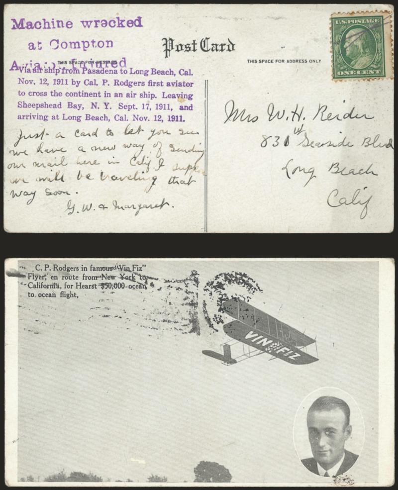 1911, November 12, Calbraith Rodgers Vin Fiz Flight, Compton Cal. Crash (AAMC 2c).> 1c Green toned perfs and just tied by pen “X” cancel, without postal markings, on photo postcard depicting Vin Fiz with inset
of Calbraith Rodgers, usual five-line p
