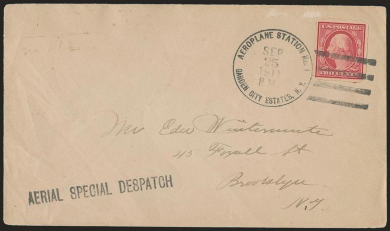 1911, Sep. 23-Oct. 1, Garden City-Mineola N.Y. International Aviation Tournament (AAMC 3a).> 2c No. 344 with <U.S. Automatic Vending Machine perforations Ty. I> tied by Sep. 25 flight cachet on neat cover,
straightline Aerial Special Despatch at bo