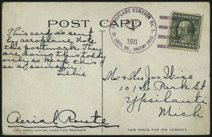 1911, Oct. 4-8, St. Louis Mo. Aviation Meet (AAMC 5, 5b).> Two postcards, 1c Green tied by Oct. 4 and Oct. 6 flight cancels, Very Fine