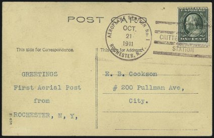 1911, Oct. 21, Rochester N.Y. Flying Exhibition (AAMC 7).> Two locally used postcards with 1c Green tied by Crittenden Station cancels, one Very Fine, other card faults, this was the first mail carried by
Lincoln Beachey who later was a regular on th