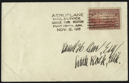 1911, Nov. 5-6, Fort Smith Ark. League Park Aviation Meet (AAMC 9a).> Five-line Nov. 6 Flight cancels on 1c Blue McKinley postal card and 2c Hudson-Fulton on small envelope, black and reddish black
respectively, former last two lines of cancel streng