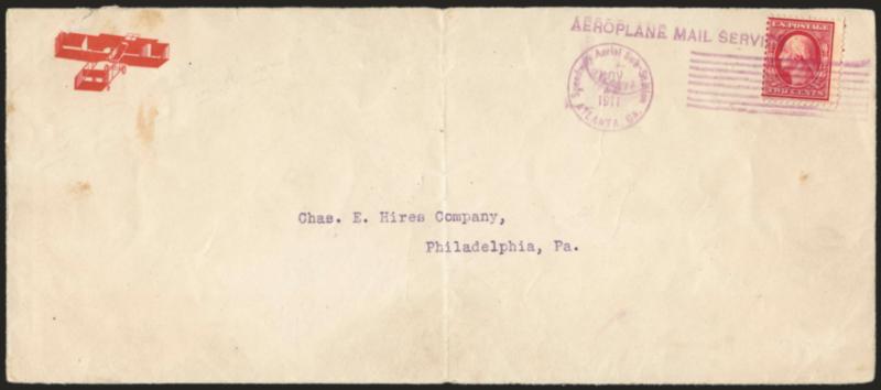 1911, Nov. 16-18, Atlanta Ga. Atlanta Speedway Aviation Meet (AAMC 10).> 2c Carmine tied on legal-size cover by flight cancel, day is obscured by partial overstrike, printed early biplane corner card in orange
red, cover filing crease, still reasonab