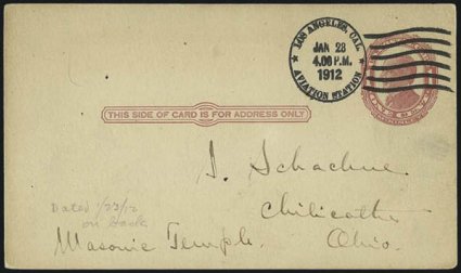1912, Jan. 20-28, Los Angeles Cal. Dominguez Field Aviation Meet (AAMC 15, 15b).> 1c postal cards with Jan. 23 and Jan. 28 flight cancels, both with with four-line cachet at left (latter corner crease top
right), otherwise Very Fine