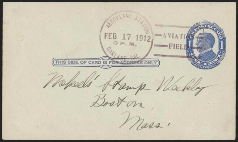 1912, Feb. 17, Oakland Cal. Emeryville Race Track Aviation Meet (AAMC 16).> 1c Blue McKinley postal card with flight cancel, Very Fine, Farnum Fish, famous pioneer aviator, flew the mail for this meet