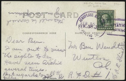 1912, Feb. 17-18, Oakland Cal. Emeryville Race Track Aviation Meet (AAMC 16, 16a).> Feb. 17 flight cancel on 1c Blue McKinley postal card and 1c Green tied by Feb. 18 flight cancel, former card corner
creases, otherwise Fine-Very Fine