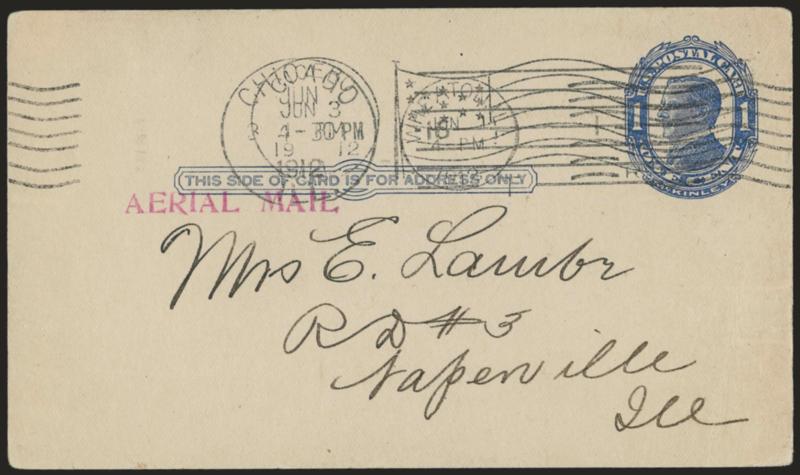 1912, May 30-June 2, Cicero-Elmhurst-Wheaton, Ill. Triple City Aviation Meet (AAMC 30d).> 1c postal card cancelled by Wheaton, Ill. June 1, 1912 4 PM postmark, also Cicero and Chicago postmarks from June 3,
does not exactly match description in AAM