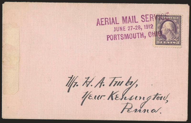 1912, June 27-28, Portsmouth O. Millbrook Driving Park Aviation Meet (AAMC 35).> 3c Purple perfectly tied by bold three-line flight cachet on clean neatly addressed envelope, Very Fine and choice