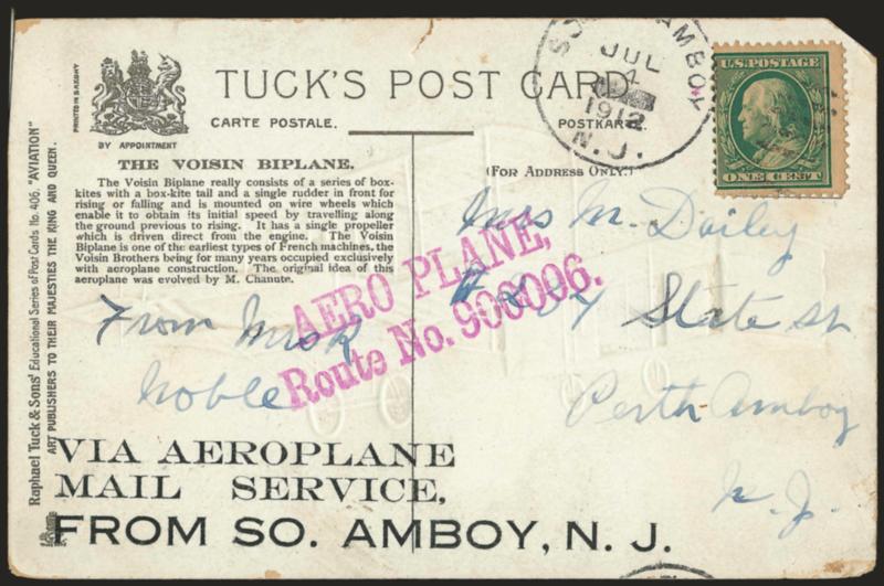 1912, July 4, South Amboy-Perth Amboy N.J. Experimental Hydroplane Flight (AAMC 38a).> 1c Green tied by South Amboy N.J. Jul. 4, 1912 grid duplex circular datestamp on Tucks Educational picture postcard showing
the Voisin Biplane in color, purple