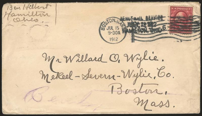 1912, July 12-13, Hamilton O. Butler County Fair Aviation Meet (AAMC 39a).> 2c Carmine tied by July 13 three-line flight cachet on cover to Boston, cancelled two days later by Boston Jul. 15, 1912 waving flag
machine cancel and forwarded to Beverly M