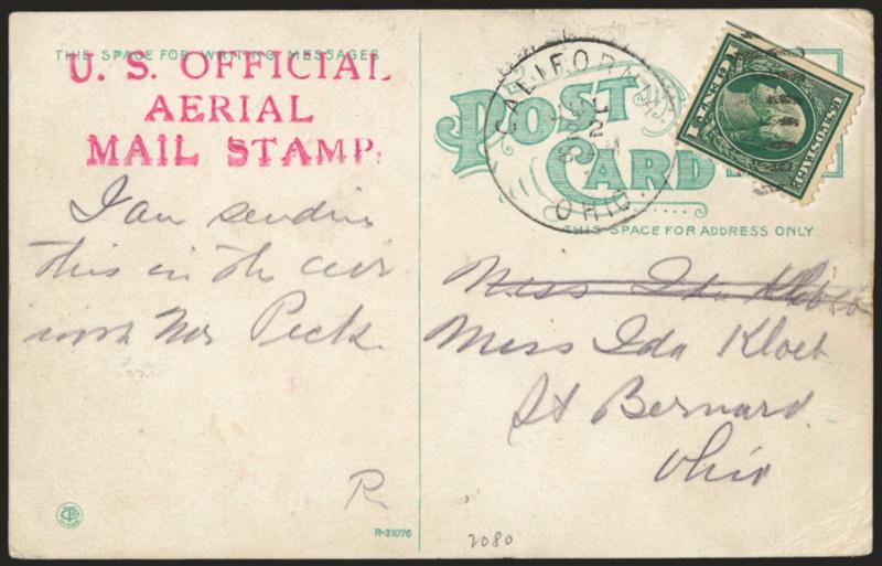 1912, July 19-22, Coney Island (Cincinnati), Ohio. Coney Island Flying exhibition (AAMC 41a).> 1c Green tied by California Ohio Jul. 22 8 AM oval grid duplex circular datestamp, three-line red flight cachet at
left on souvenir postcard illustrating a