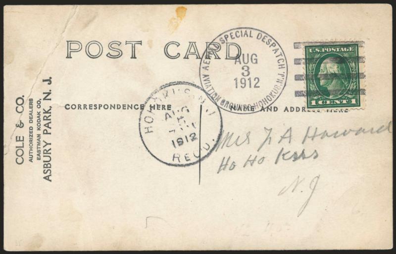 1912, Aug. 3, Hohokus-Ridgewood N.J. Hohokus Driving Park Aviation Meet (AAMC 45).> 1c Green tied by beautifully struck flight cachet and bars, Aug. 5 Hohokus receiving circular datestamp on souvenir postcard
illustrating Glenn Curtis, his biplane an