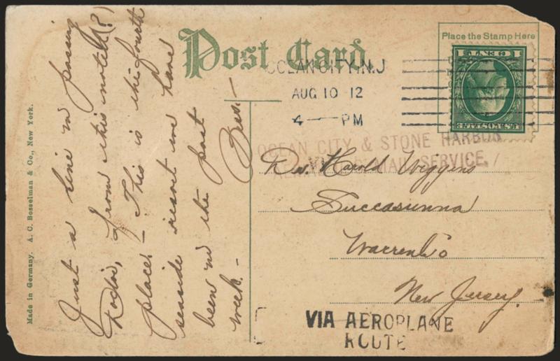 1912, Aug. 3-Sep. 5, Ocean City-Stone Harbor N.J. (AAMC 46).> 1c Green tied by Ocean City Aug. 10 machine cancel and violet two-line flight cachet, overall light aging and small parts of two card corners
missing, otherwise Fine, AAMC catalog states t