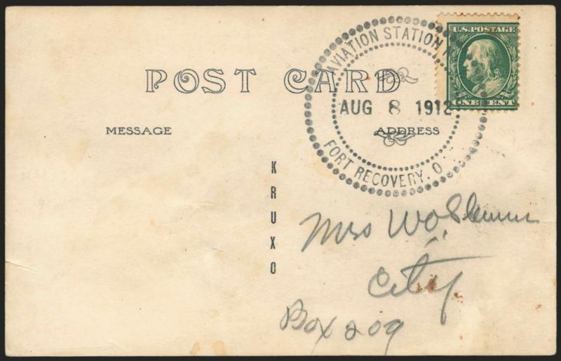 1912, Aug. 6-8, Fort Recovery O. Harvest Festival Aviation Meet (AAMC 47b).> 1c Green tied by large attractive Aug. 8 double-circle flight cachet on souvenir postcard featuring biplane Circling the Monument (an
obelisk similar to Washington Monumen